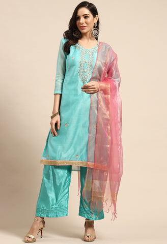 Sea Green Chanderi Silk Embellished Unstitched Salwar Suit Material