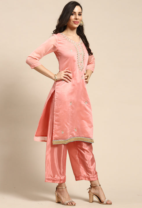 Pink Chanderi Silk Embellished Unstitched Salwar Suit Material