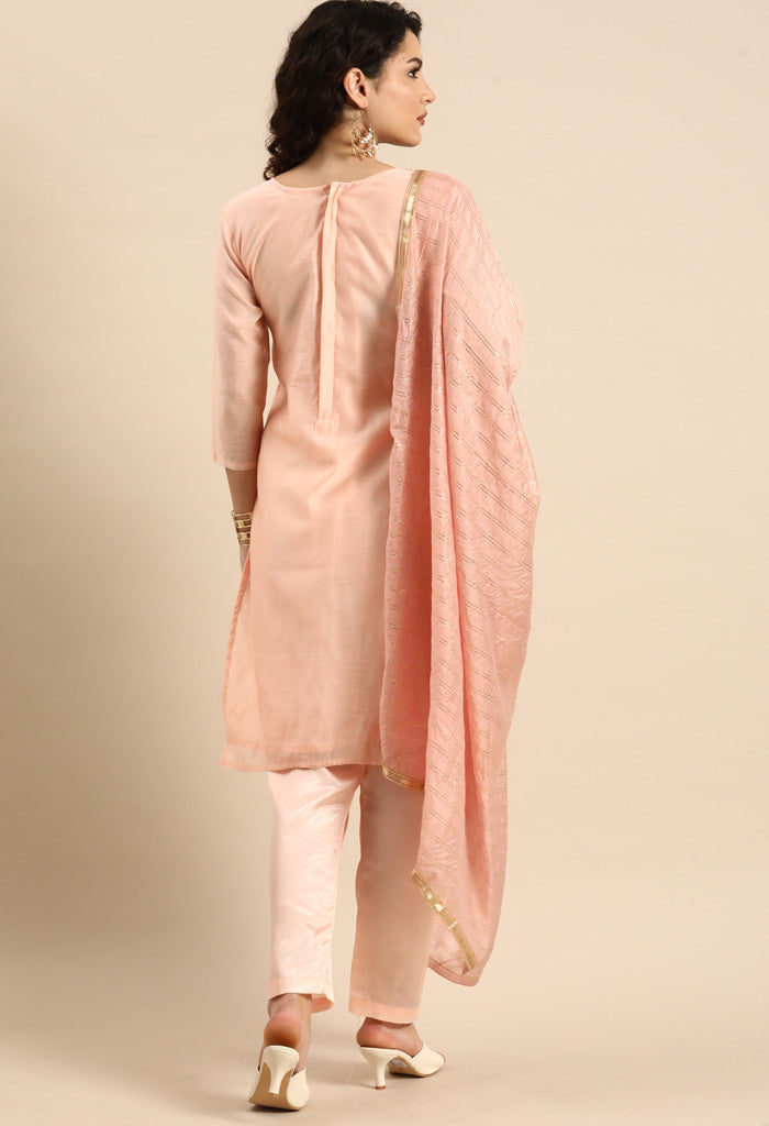 Light Pink chanderi silk Embroidered Unstitched Salwar Suit Material
