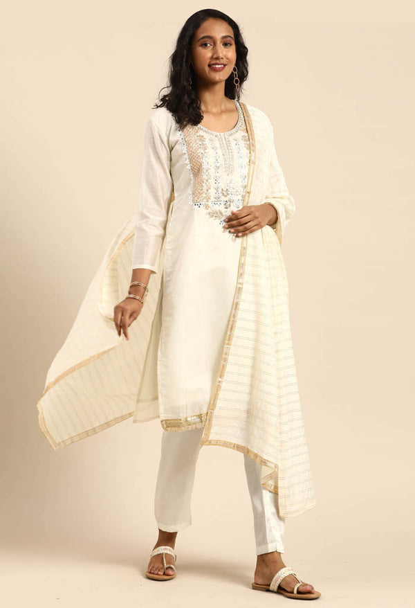 Off-White chanderi silk Embroidered Unstitched Salwar Suit Material