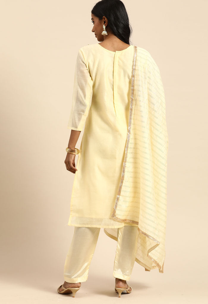 Light Yellow chanderi silk Embroidered Unstitched Salwar Suit Material