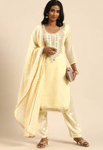 Load image into Gallery viewer, Light Yellow chanderi silk Embroidered Unstitched Salwar Suit Material