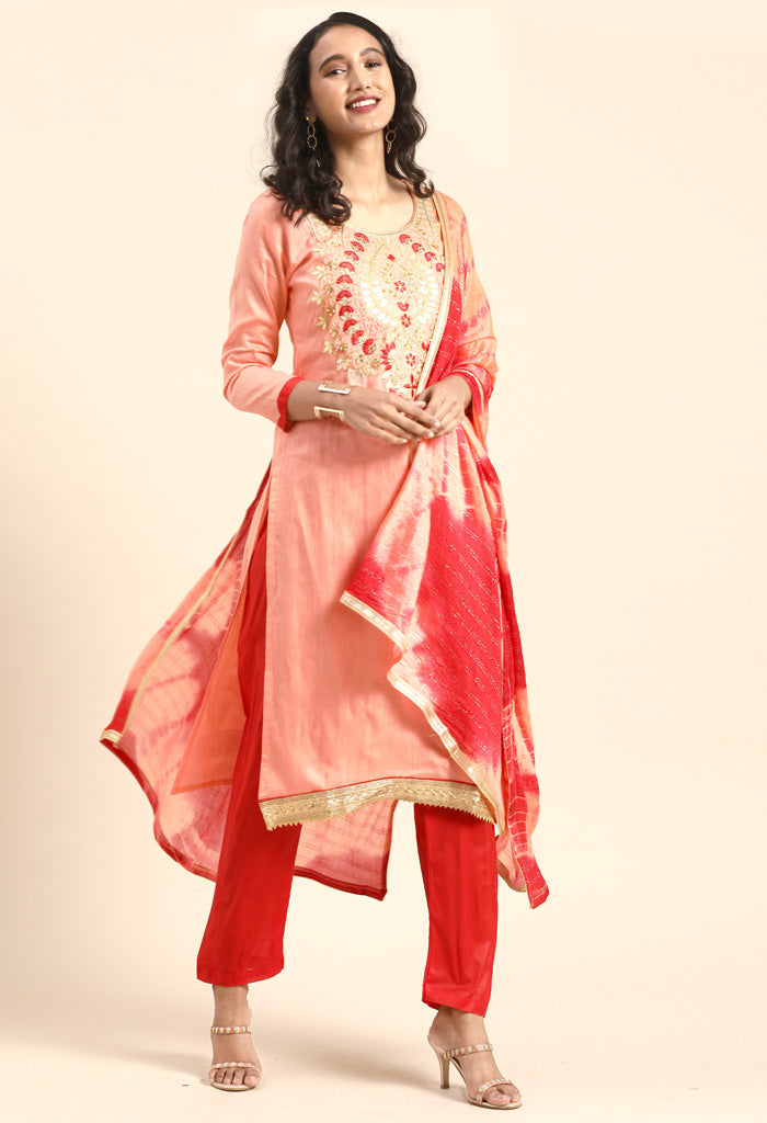 Peach Glass Cotton Embroidered Unstitched Salwar Suit Material