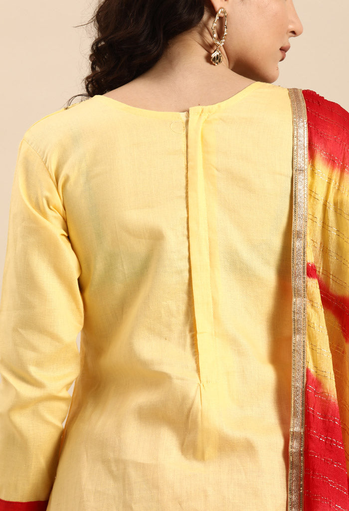 Yellow Glass Cotton Embroidered Unstitched Salwar Suit Material
