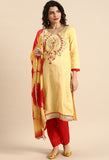 Yellow Glass Cotton Embroidered Unstitched Salwar Suit Material