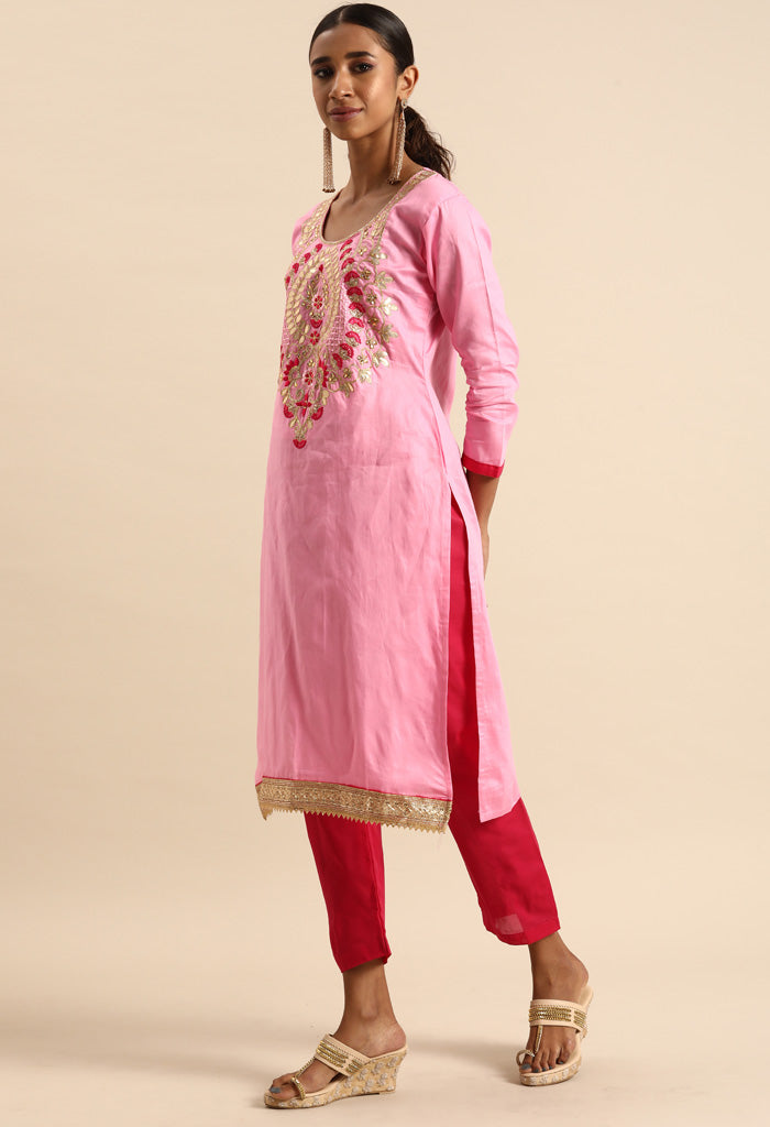 Pink Glass Cotton Embroidered Unstitched Salwar Suit Material