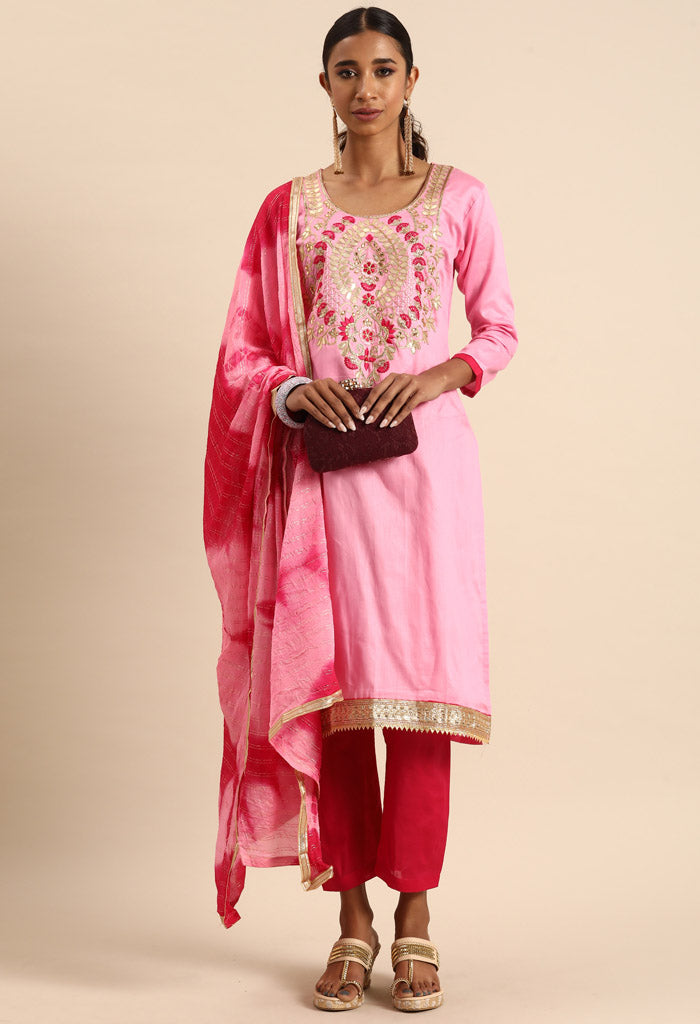 Pink Glass Cotton Embroidered Unstitched Salwar Suit Material