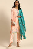 Peach chanderi silk Embroidered Unstitched Salwar Suit Material