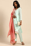 Turquoise chanderi silk Embroidered Unstitched Salwar Suit Material