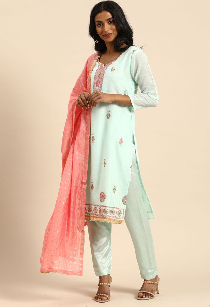 Turquoise chanderi silk Embroidered Unstitched Salwar Suit Material