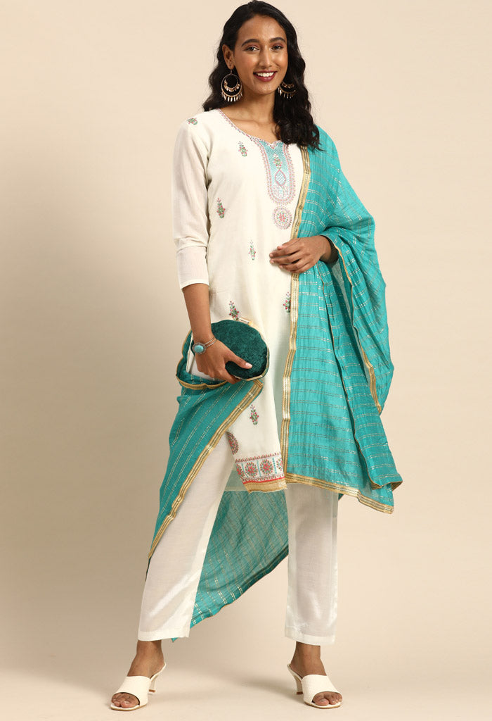White chanderi silk Embroidered Unstitched Salwar Suit Material