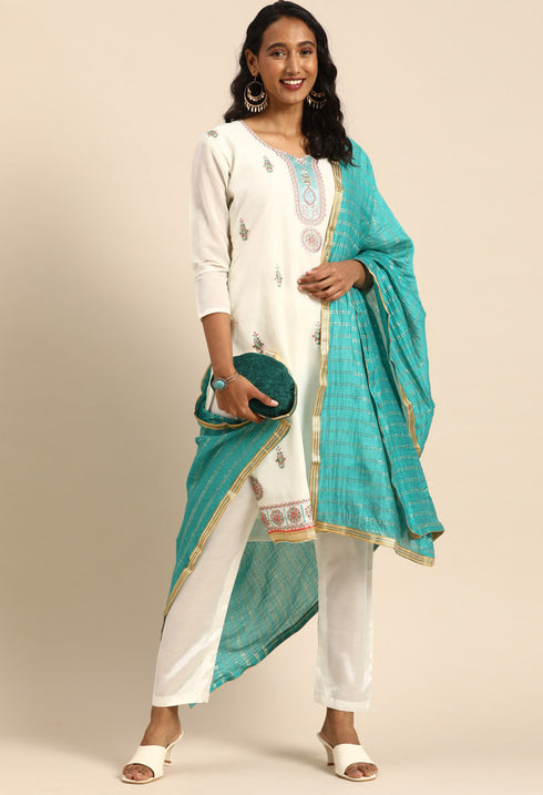 White chanderi silk Embroidered Unstitched Salwar Suit Material