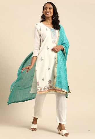 White chanderi silk Embroidered Unstitched Salwar Suit Material