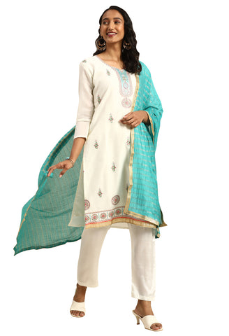 White chanderi silk Embroidered Unstitched Salwar Suit Material