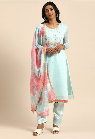 Sky Blue chanderi silk Embroidered Unstitched Salwar Suit Material