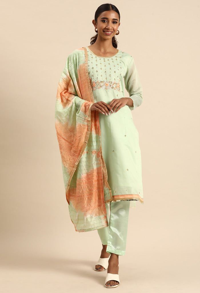 Grey chanderi silk Embroidered Unstitched Salwar Suit Material