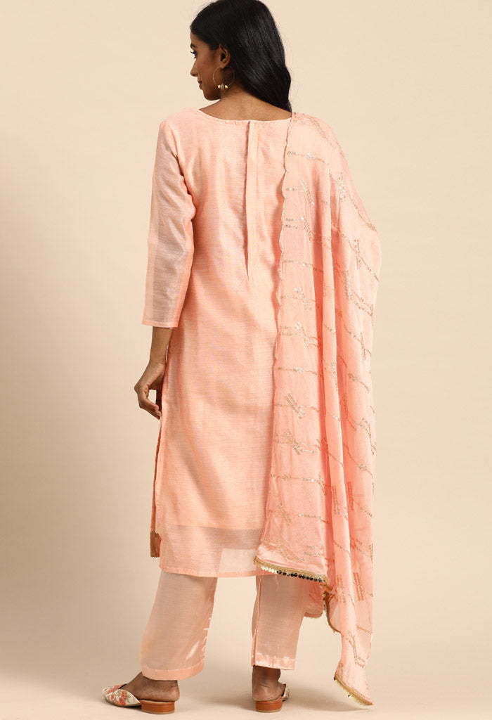 Baby Pink chanderi silk Embroidered Unstitched Salwar Suit Material - Rajnandini