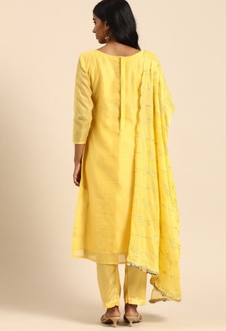 Yellow chanderi silk Embroidered Unstitched Salwar Suit Material