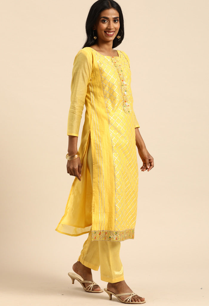 Yellow chanderi silk Embroidered Unstitched Salwar Suit Material