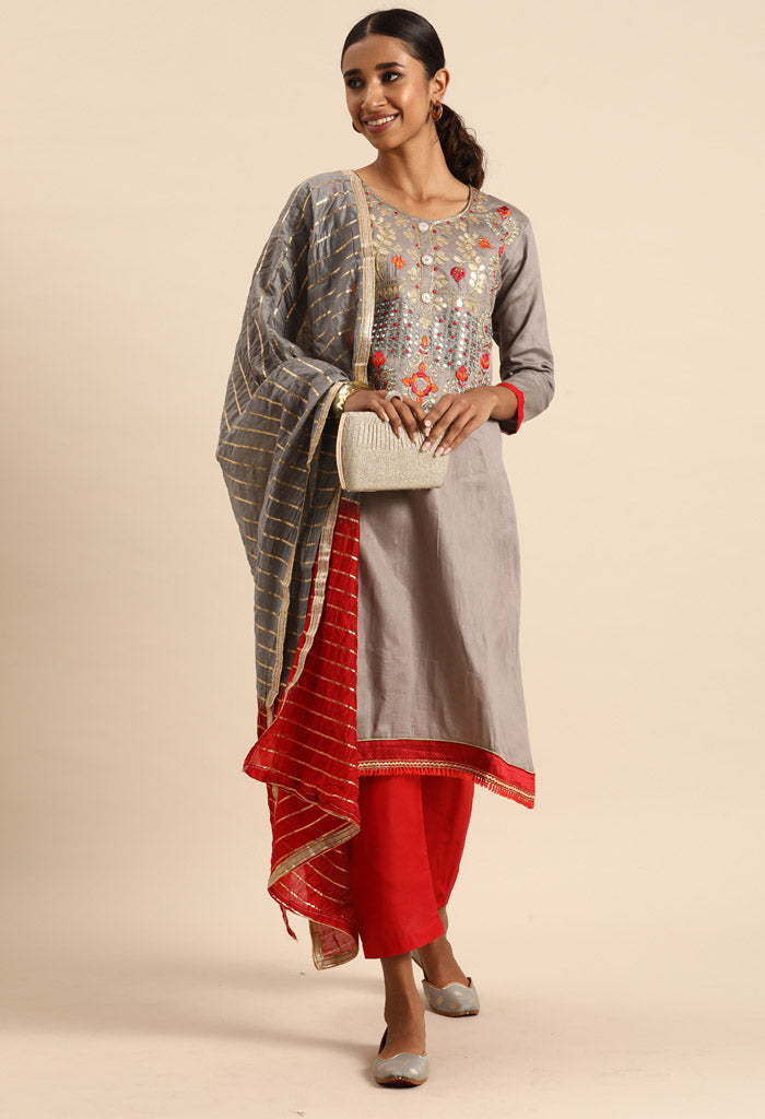 Grey Glass Cotton Embroidered Unstitched Salwar Suit Material