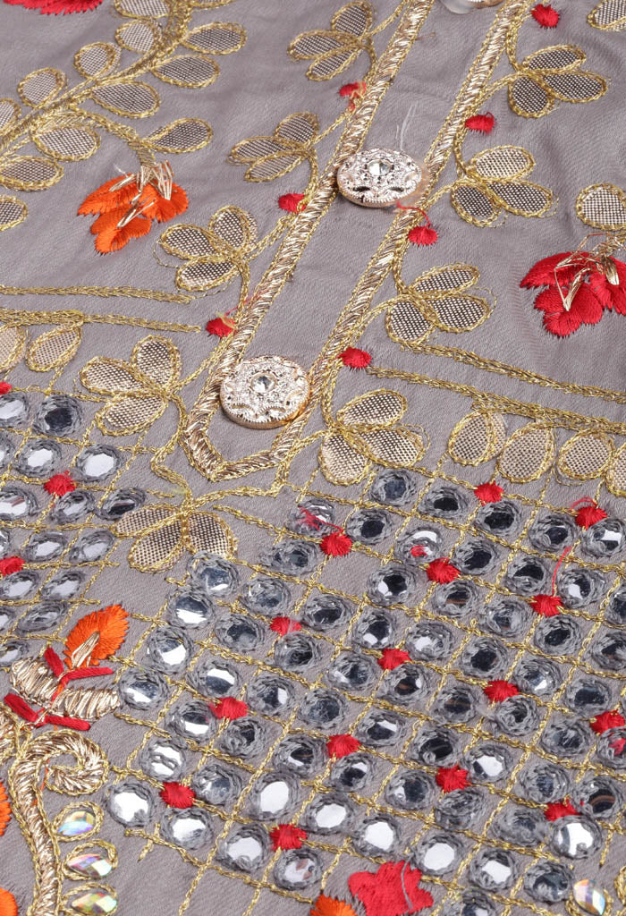 Grey Glass Cotton Embroidered Unstitched Salwar Suit Material
