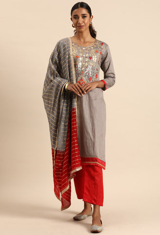 Grey Glass Cotton Embroidered Unstitched Salwar Suit Material