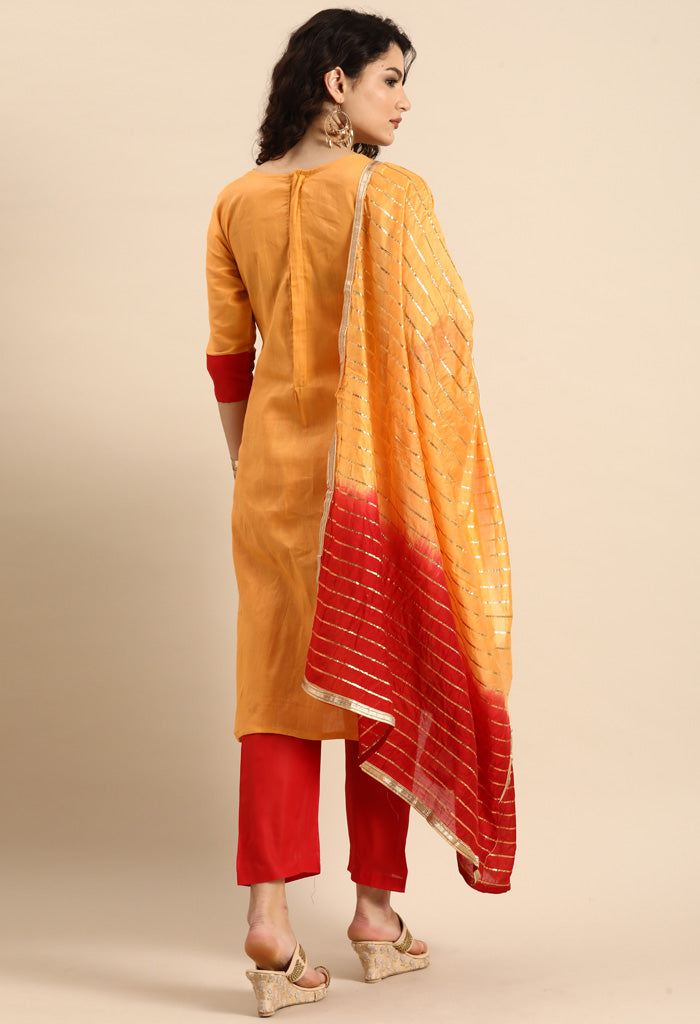 Orange Glass Cotton Embroidered Unstitched Salwar Suit Material