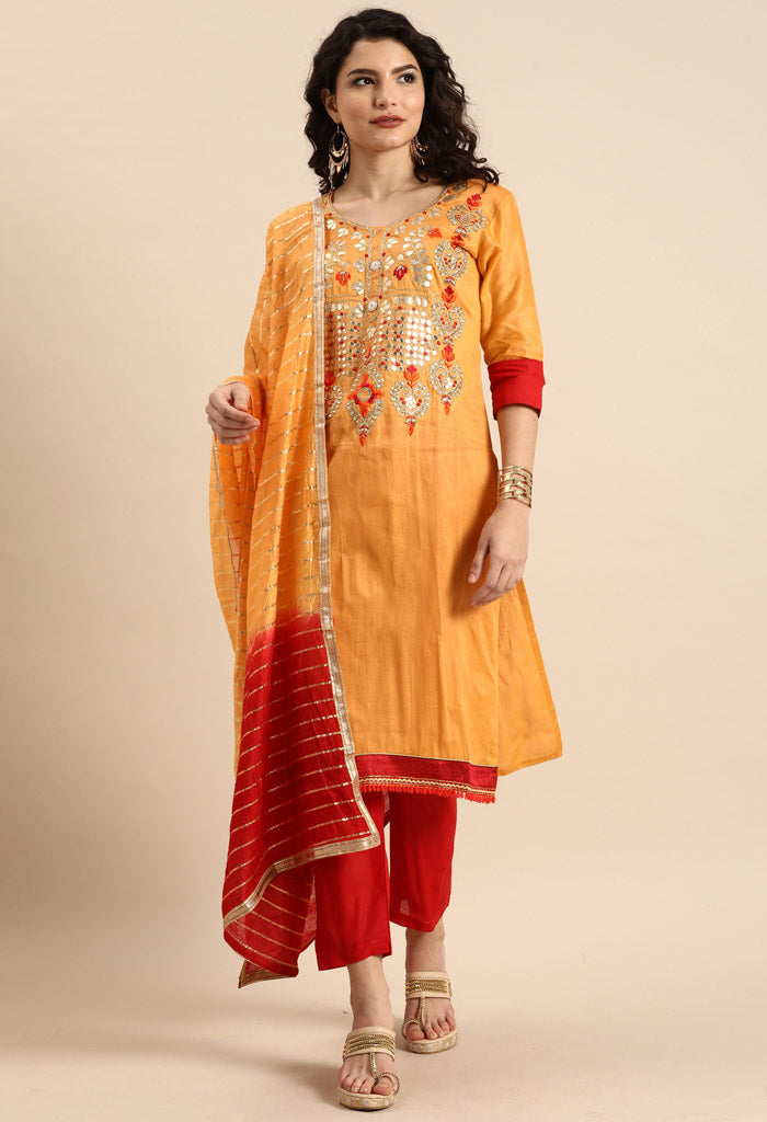 Orange Glass Cotton Embroidered Unstitched Salwar Suit Material