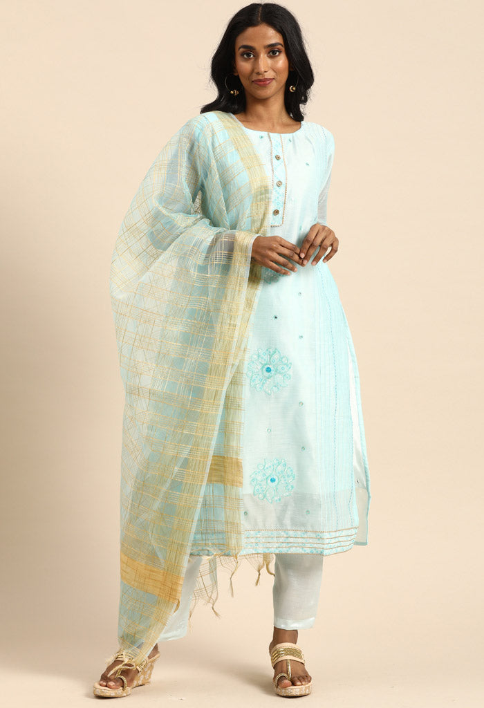 Sky Blue chanderi silk Embroidered Unstitched Salwar Suit Material