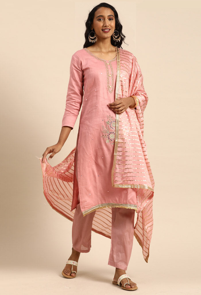 Mauve Pink Glass Cotton Embroidered Unstitched Salwar Suit Material