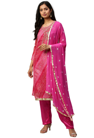 Pink Silk Kota Cotton embellished Unstitched Salwar Suit Material