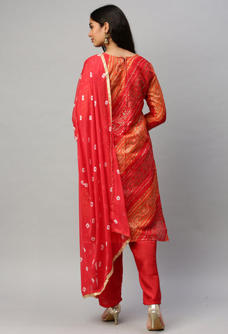 Red And Orange Silk Kota Cotton embellished Unstitched Salwar Suit Material