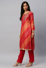 Load image into Gallery viewer, Red And Orange Silk Kota Cotton embellished Unstitched Salwar Suit Material