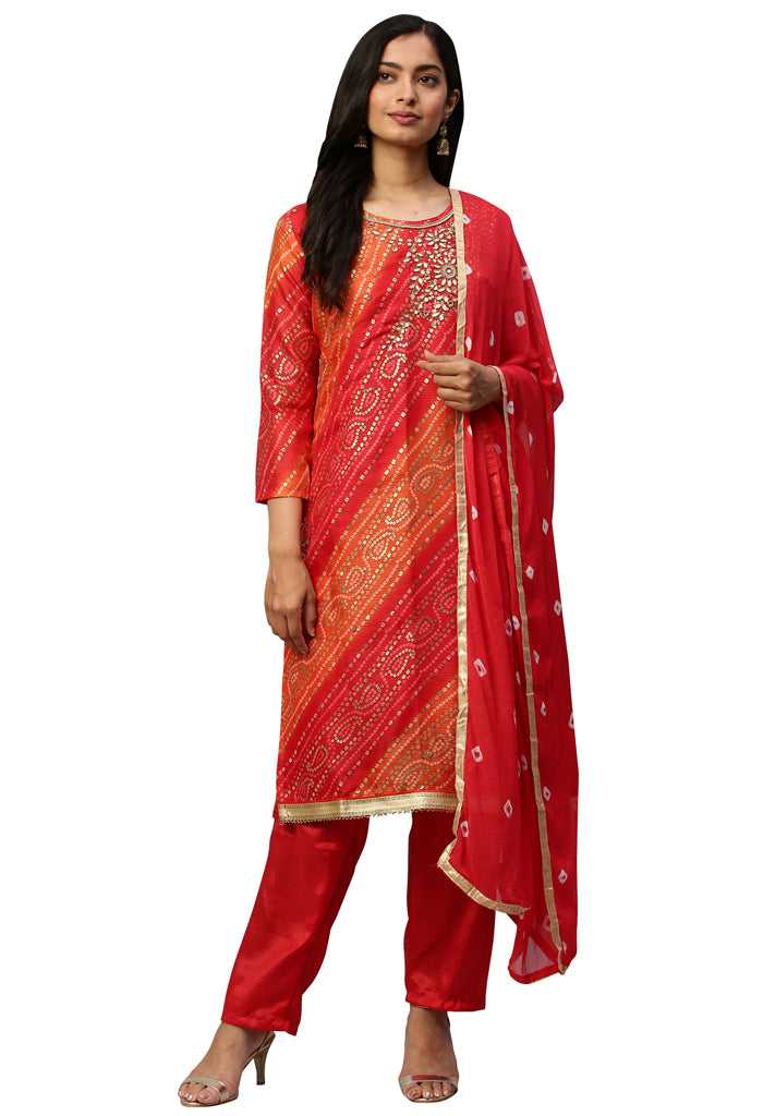 Red And Orange Silk Kota Cotton embellished Unstitched Salwar Suit Material