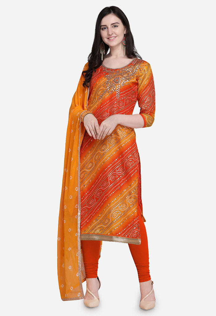 Orange Silk Kota Cotton Hand Work Unstitched Salwar Suit Material