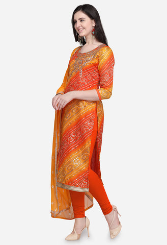 Orange Silk Kota Cotton Hand Work Unstitched Salwar Suit Material