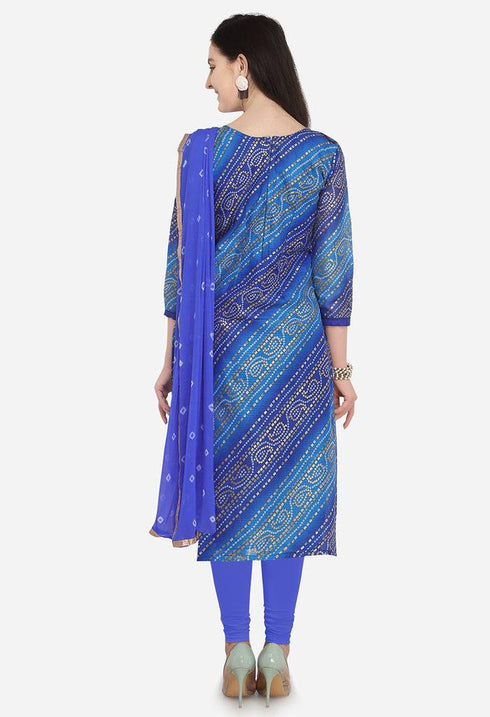 Blue Silk Kota Cotton Hand Work Unstitched Salwar Suit Material