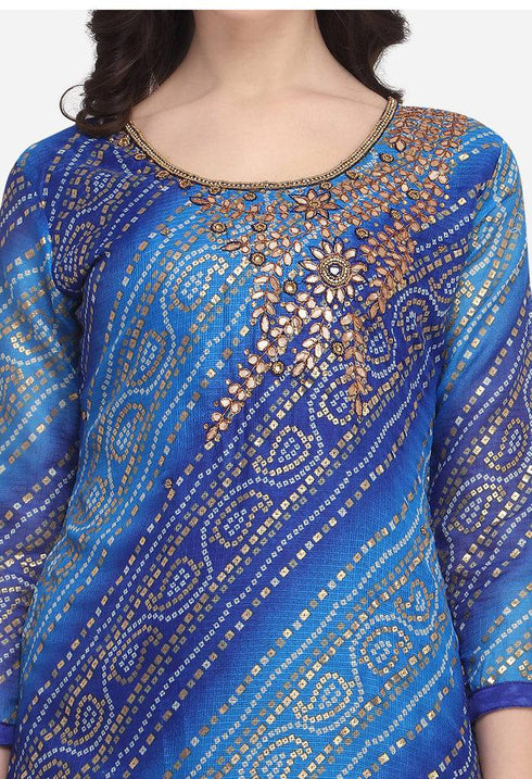 Blue Silk Kota Cotton Hand Work Unstitched Salwar Suit Material