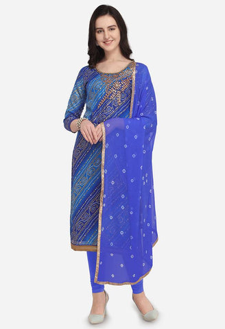 Blue Silk Kota Cotton Hand Work Unstitched Salwar Suit Material