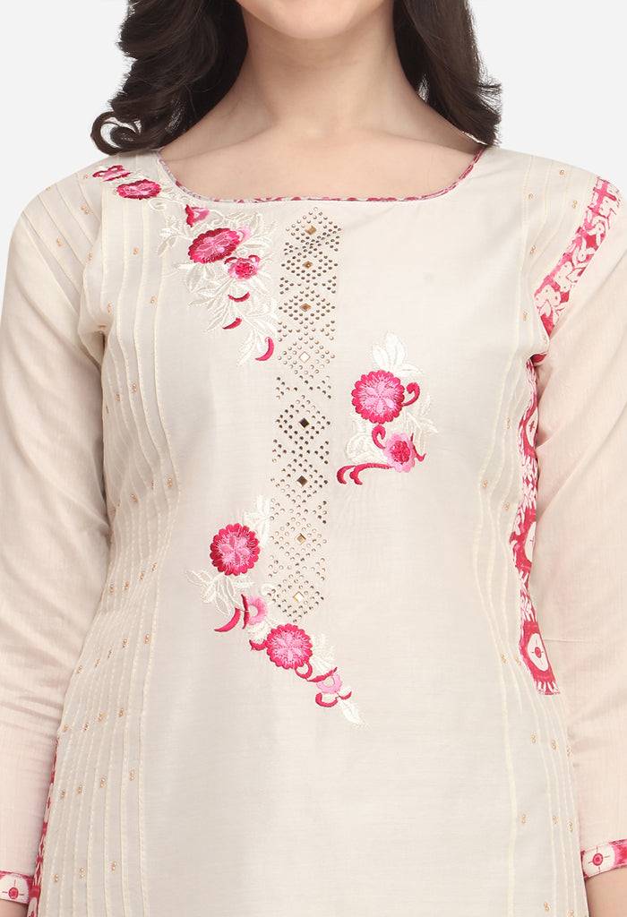 Cream Pure Semi Modal Embroidered Unstitched Salwar Suit Material