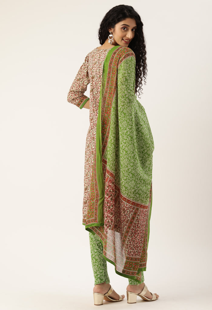 White And Green Pure Jaipuri Cambric Cotton Printed Unstitched Salwar Suit Material