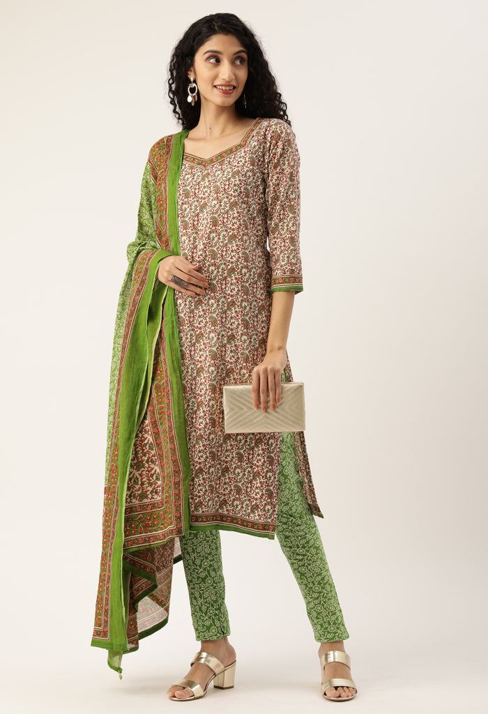 White And Green Pure Jaipuri Cambric Cotton Printed Unstitched Salwar Suit Material