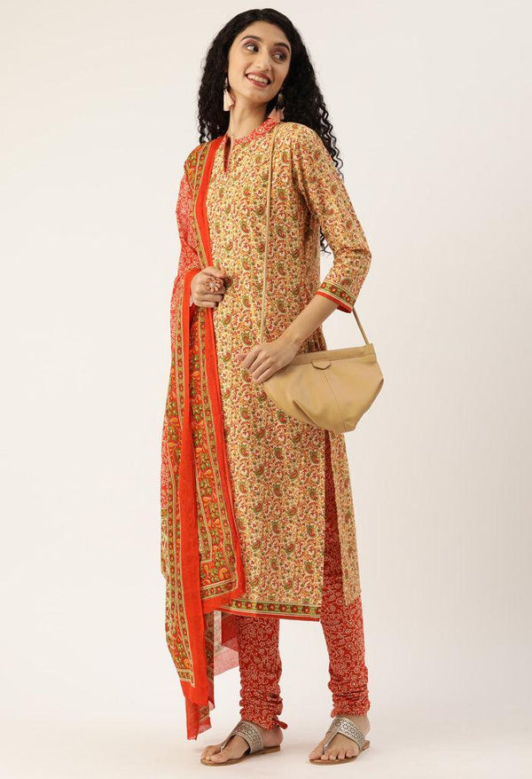 White And Orange Pure Jaipuri Cambric Cotton Printed Unstitched Salwar Suit Material