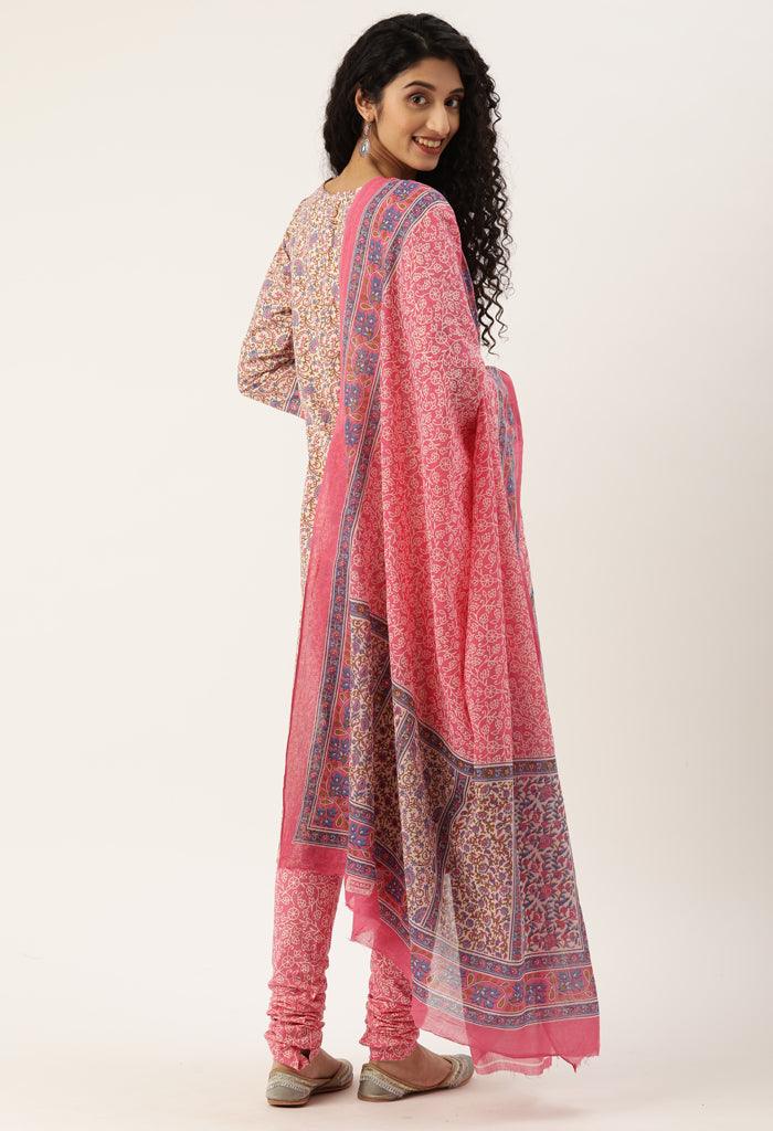 White And Pink Pure Jaipuri Cambric Cotton Printed Unstitched Salwar Suit Material
