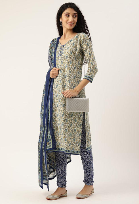 White And Blue Pure Jaipuri Cambric Cotton Printed Unstitched Salwar Suit Material