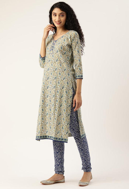 White And Blue Pure Jaipuri Cambric Cotton Printed Unstitched Salwar Suit Material