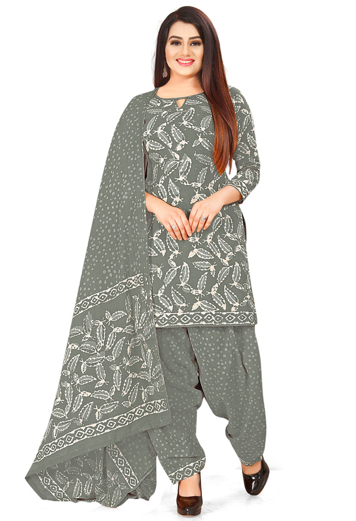 Grey Pure Jaipuri Cambric Cotton Printed Unstitched Salwar Suit Material