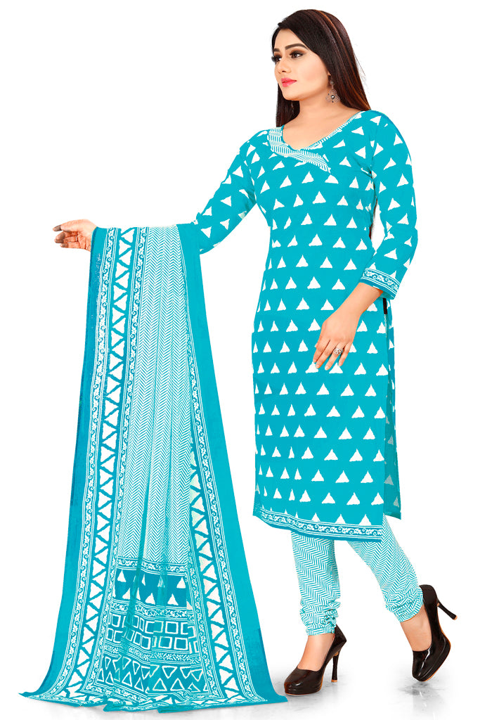 Light Blue Pure Jaipuri Cambric Cotton Printed Unstitched Salwar Suit Material