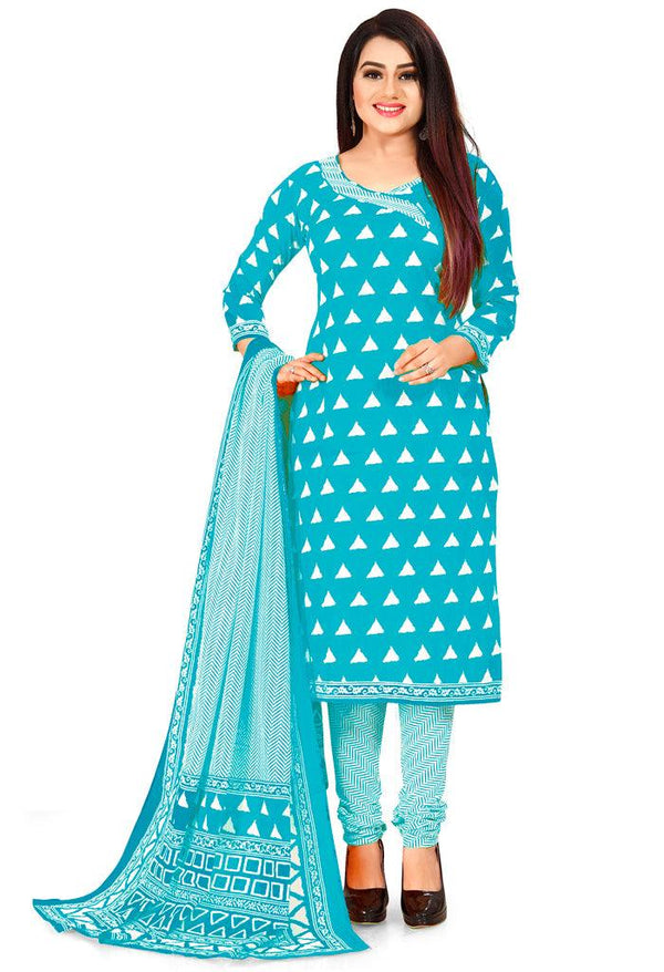 Light Blue Pure Jaipuri Cambric Cotton Printed Unstitched Salwar Suit Material