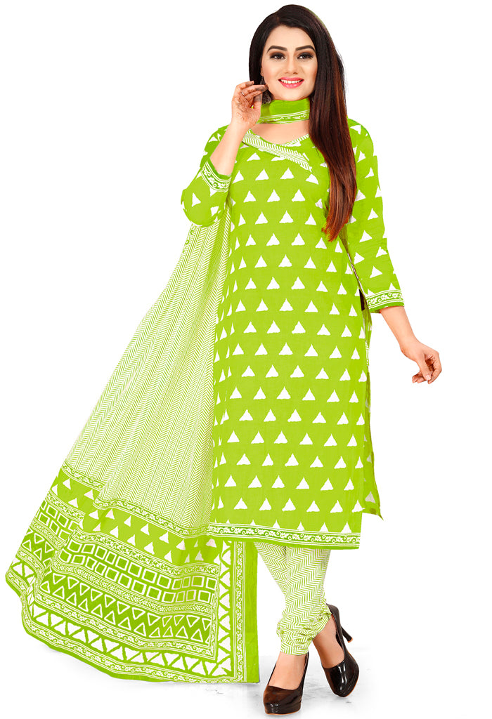 Parrot Green Pure Jaipuri Cambric Cotton Printed Unstitched Salwar Suit Material